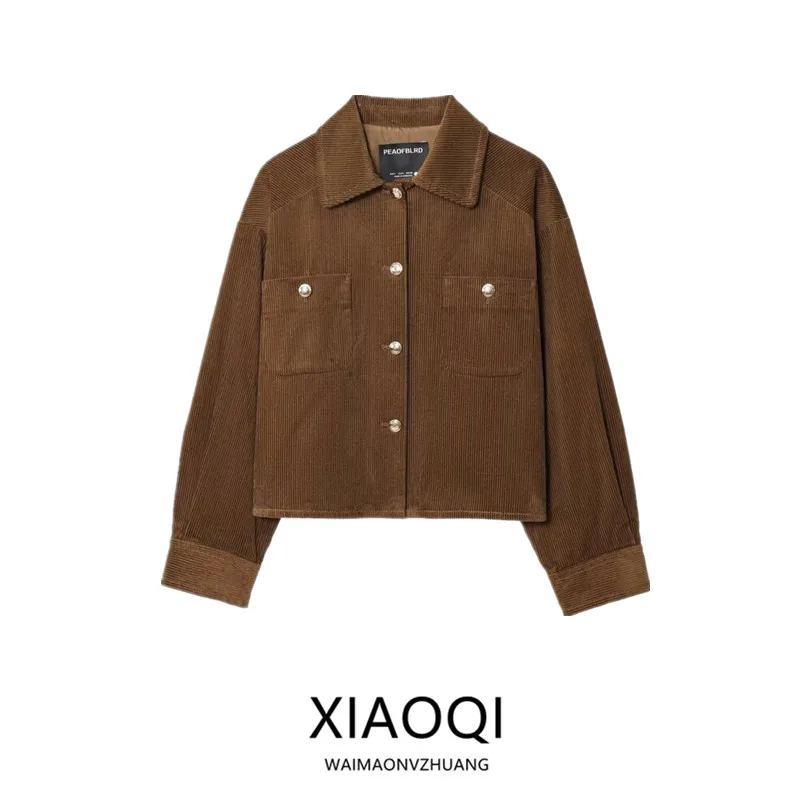 2025年秋 レディース コーデュロイ 長袖 ターンダウンカラー ポケットコート 大きめシルエット アウター 通勤スタイル 暖か機能付き