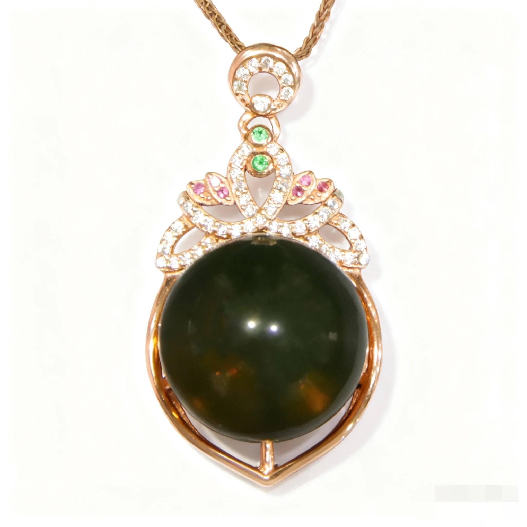 

Natural Mexican Blue Amber Pendant 17mm Solid Silver Flower Design with Diamond Halo Round Cabochon Stone Jewelry Gift for Women