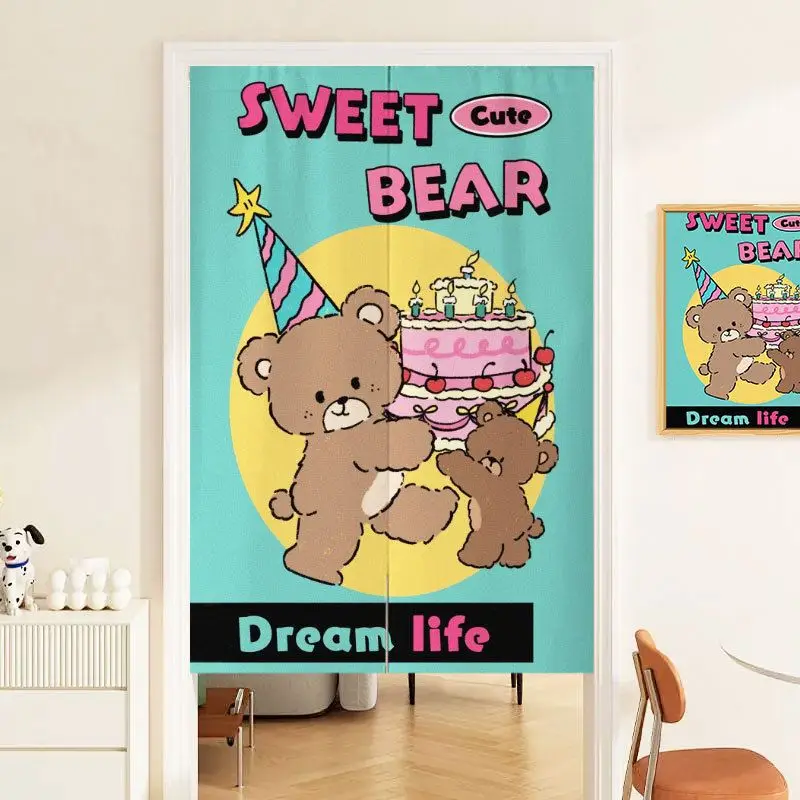 VIKAMA Cute Party Teddy Bear Door Curtain, Retro Cartoon Bear Half Door Curtain, Entryway Archway Wall Decoration