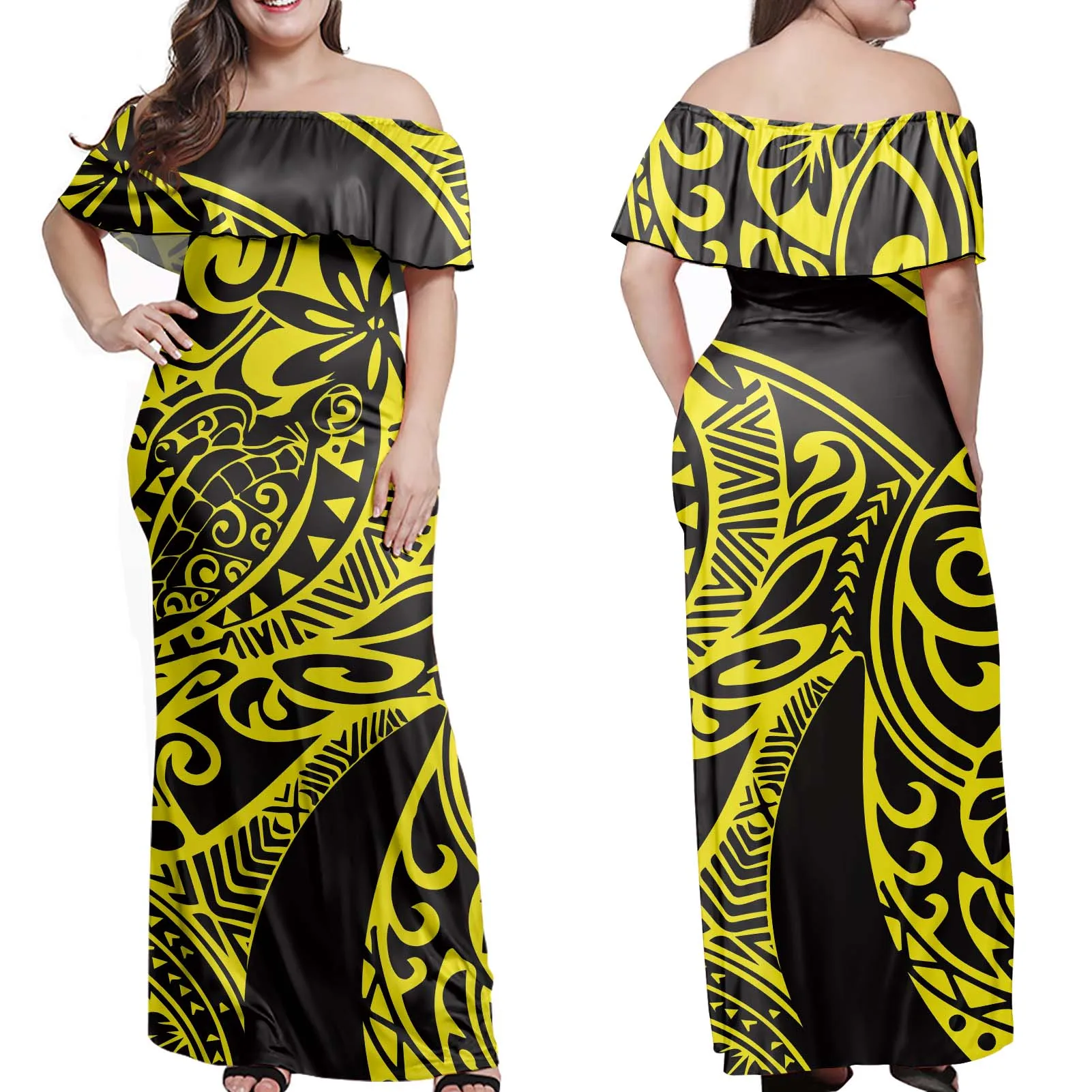 Female One-Shoulder Dresses Yellow and Black Polynesian Samoan Tattoo Designs Elegant Lady half Shoulder Dresses Ruffle Dress