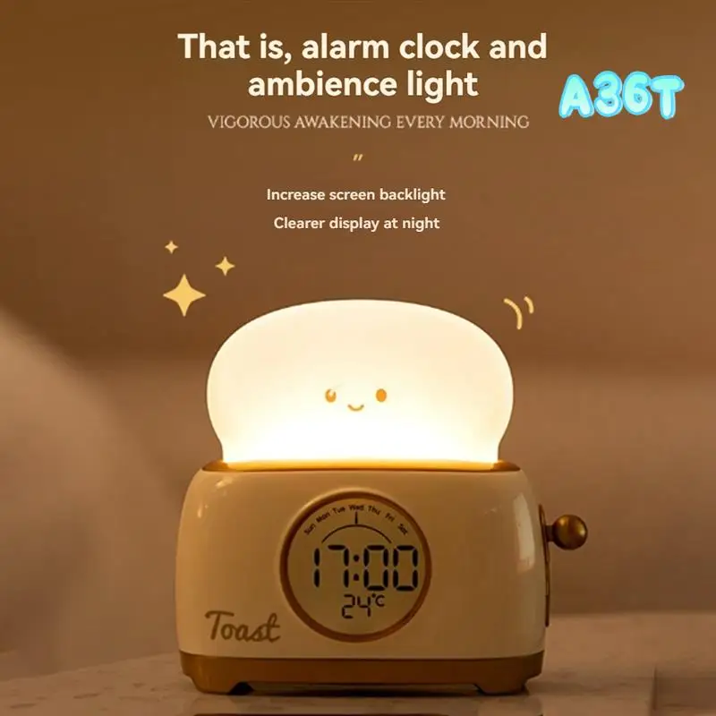 

A36T-Cute Toaster Digital Alarm Clock Dimming LED Breader Lamp 1200Mah Night Light For Bedroom, Bedside, Desktop