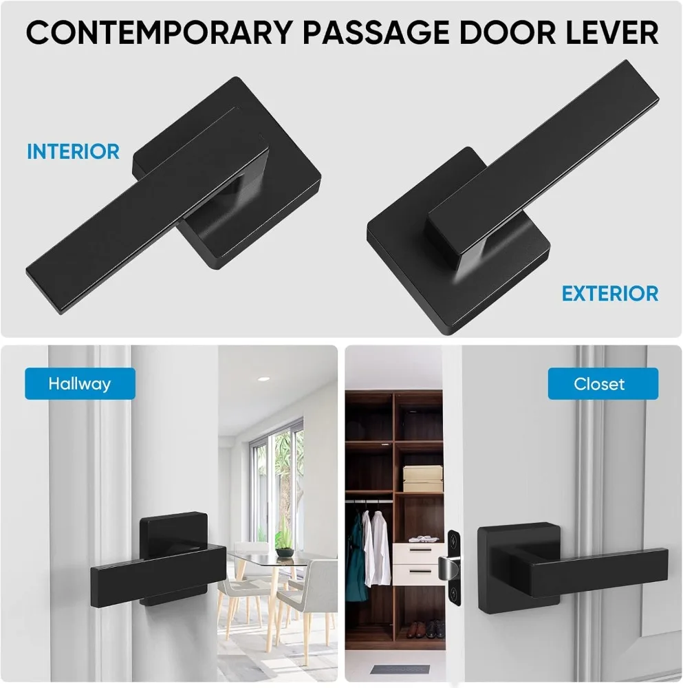 TICONN 5Pk Door Handle Heavy Duty, Reversible Square Door Lever for Bedroom, Bathroom and Rooms (Black, Passage, 5 Pack)