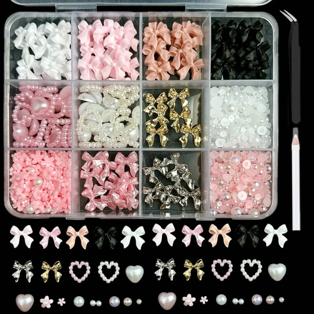 

1Box Pink White Ribbon Bows Resin Nail Charms 3D Pearl Heart Acrylic Flowers Nail Rhinestones DIY Mixed Bowknot Jewelry Nail Dec