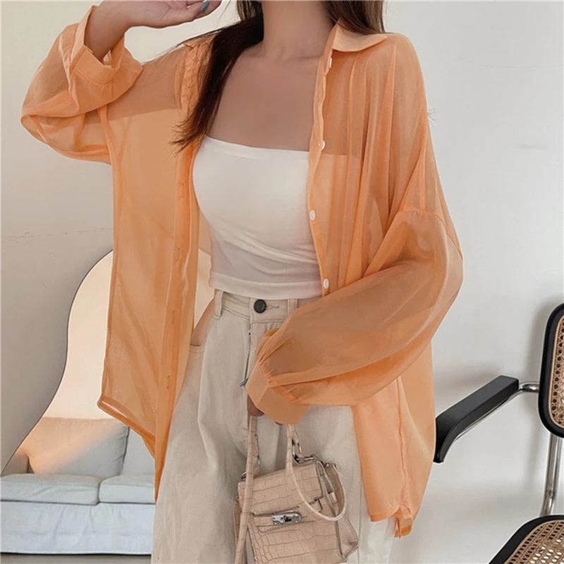 11 Colors See-Through Top Chiffon Cardigan Loose Long Shirt Women Lantern Sleeve Perspective Sunscreen Clothes Spring Summer