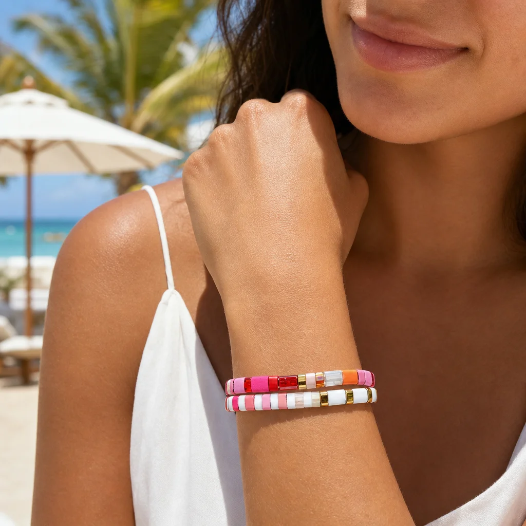 2pcs Geometric Glass Beaded Strand Bracelet Pink White Orange Red Color Block Trendy Women's Beach Style Jewelry