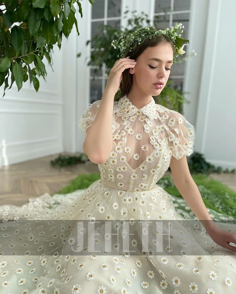 JEHETH Daisy Midi Prom Dress Short Sleeves Sheer High Neck Tulle Ankle Length A-Line Party Illusion Evening Gowns Robe De Mariee