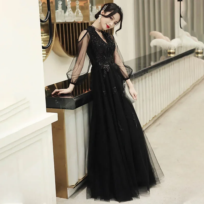 It's Yiiya Customized Evening Dress Black Appliques Beads V-Neck Floor-Length A-Line Black Plus size Woman Formal Party Gowns