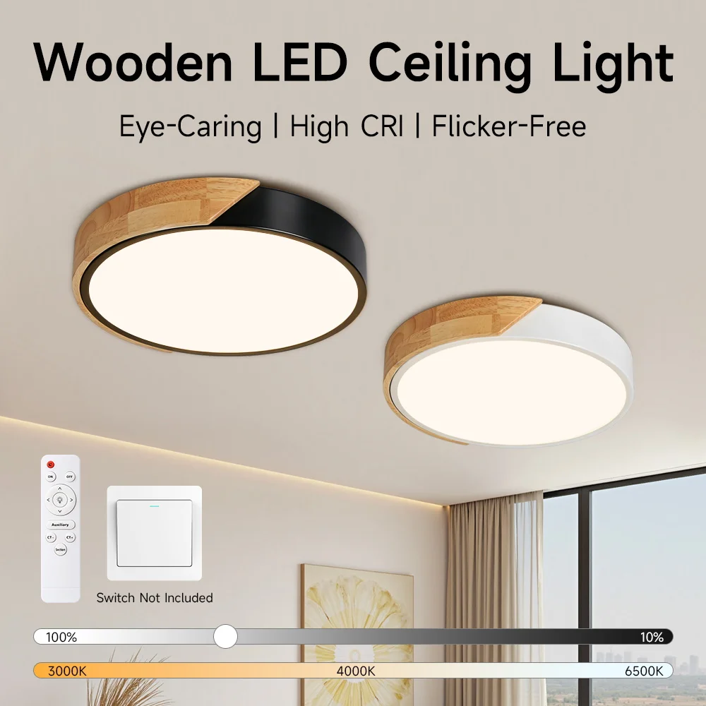 Wooden LED Ceiling Light With Memory Function Remote Control Dimming Ceiling Lamp For Bathroom Bedroom Living Room