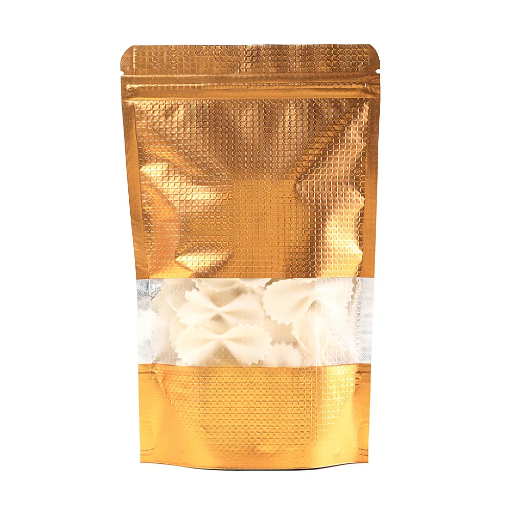 

500pcs Standing Up Bags 9x13cm Dark Gold Aluminum Foil Zip Lock Pouch with Window - Matt Finish Embossed Mylar-foil Food Package