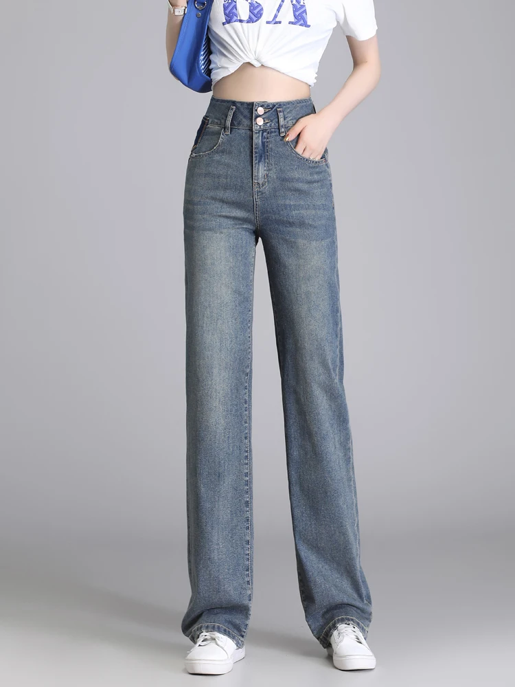 

Retro High Waist Straight Leg Jeans Women Summer New Loose Casual Thin Wide Leg Pants Elegant Cotton Stretch Denim