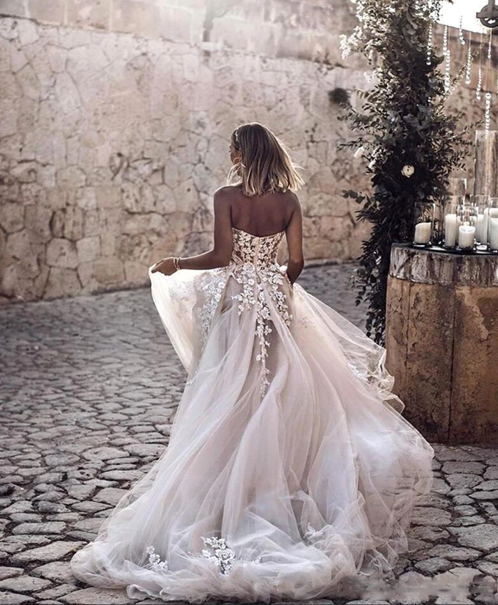 Sweetheart Trouwjurken Boho Kralen Kant Illusion Bruidsjurken Tule Applicaties Zomer Strand Bruid Vestido De Novia Aangepast