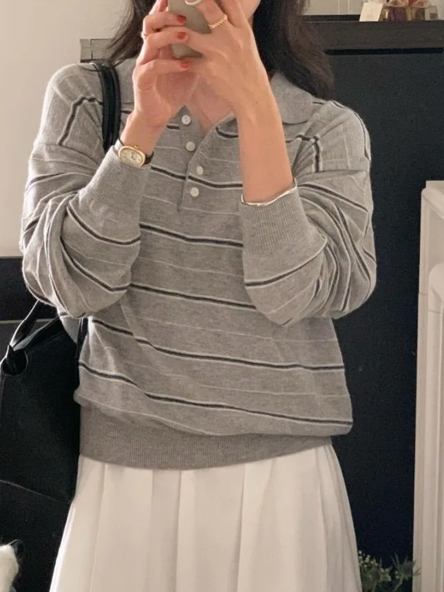 

Свободный длинный свековый вязаный женский свитер с воротником в стиле ретро, модный полосатый свитер Lazy Sle, корейская версия, осенняя новинка A...