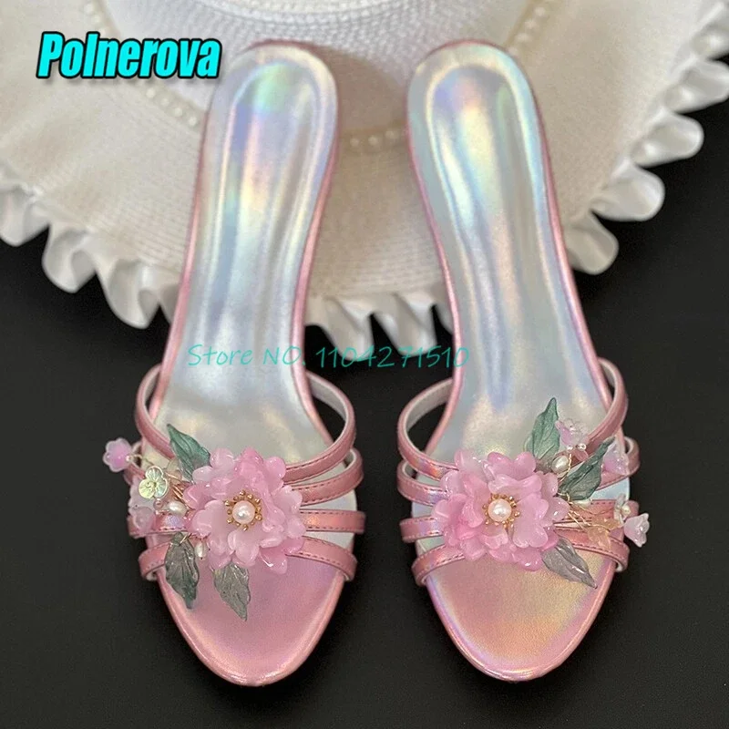 

French Style Flower Rhinestone Strap Slippers Pink Genuine Leather Open Toe High Heels Sandals Elegant Fairy Party Wedding Shoes