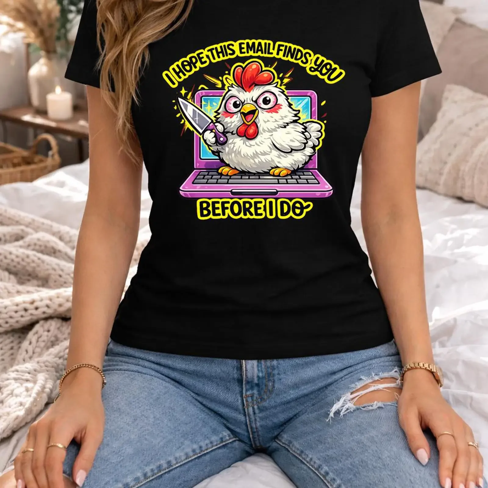 Funny Chicken Email T Shirt Angry Laptop Office Humor Meme vintage Washed Soft Unisex graphic streetwear Comfortable