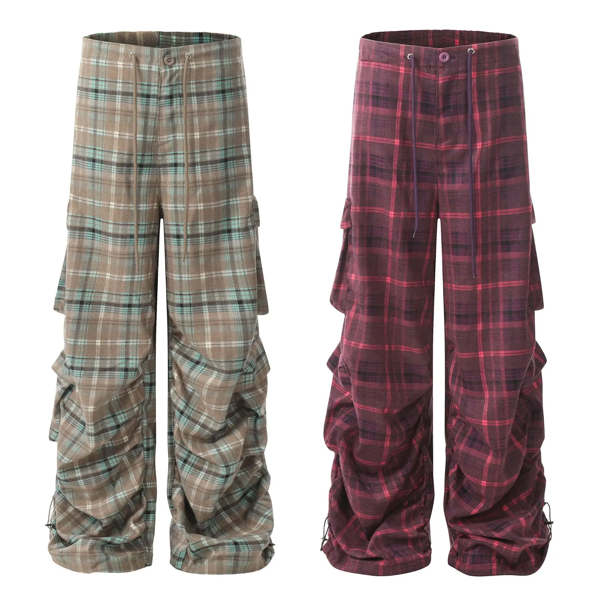 OR FL Women's American Retro Lazy Check Pattern Wide Leg Pants Slacks Baggy Staraight Multiple Pockets Crease Trousers Y2k