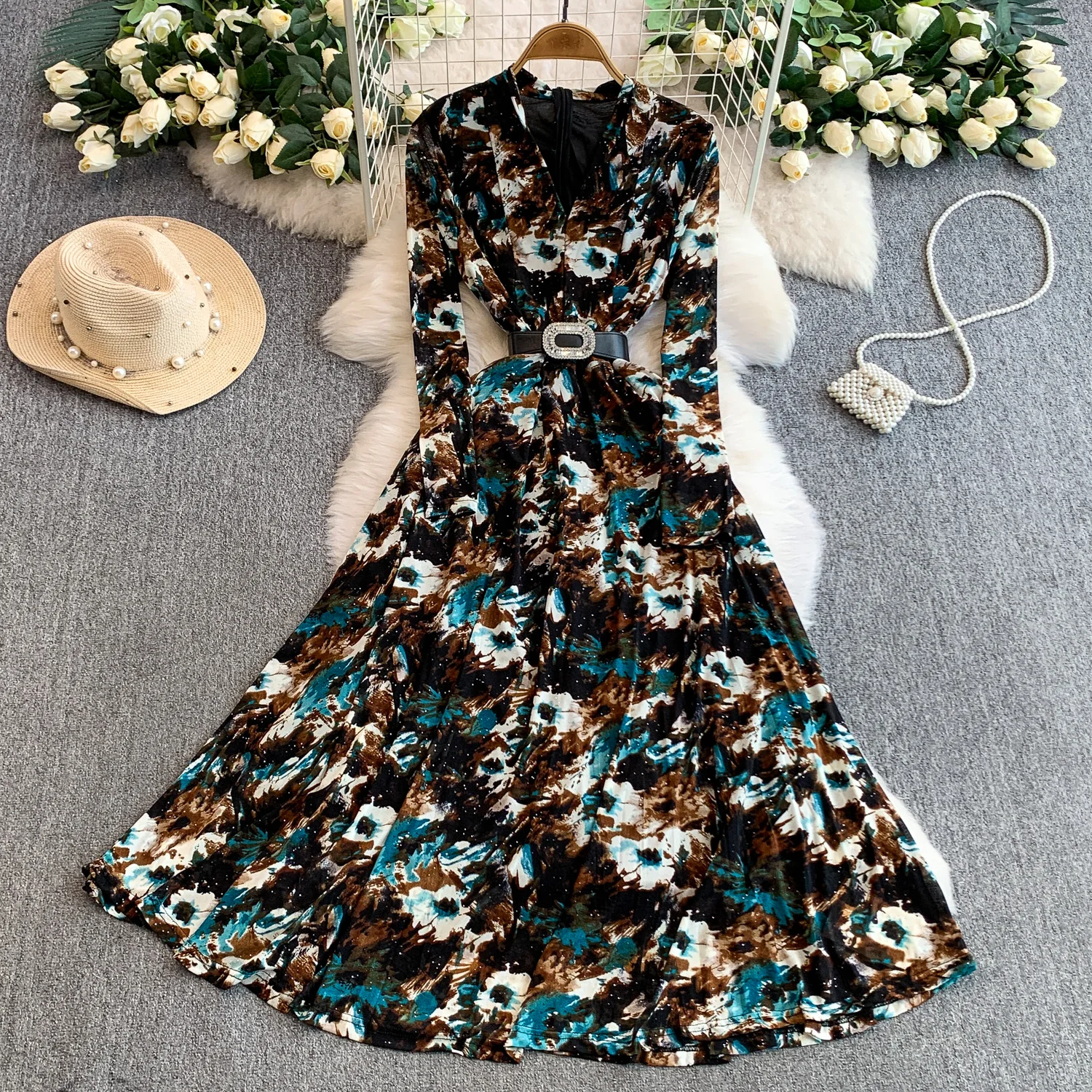 Abito vintage chic a maniche lunghe con scollo a V increspato glitterato Fata moda coreana Boho Sundress abbigliamento donna