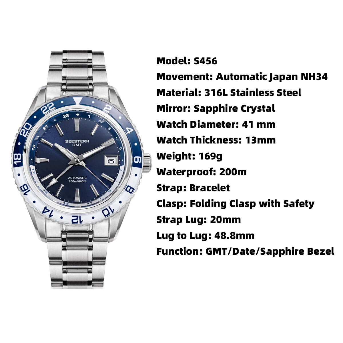 SEESTERN GMT Diver Men Watch Grand NH34 Movement Panda Automatic