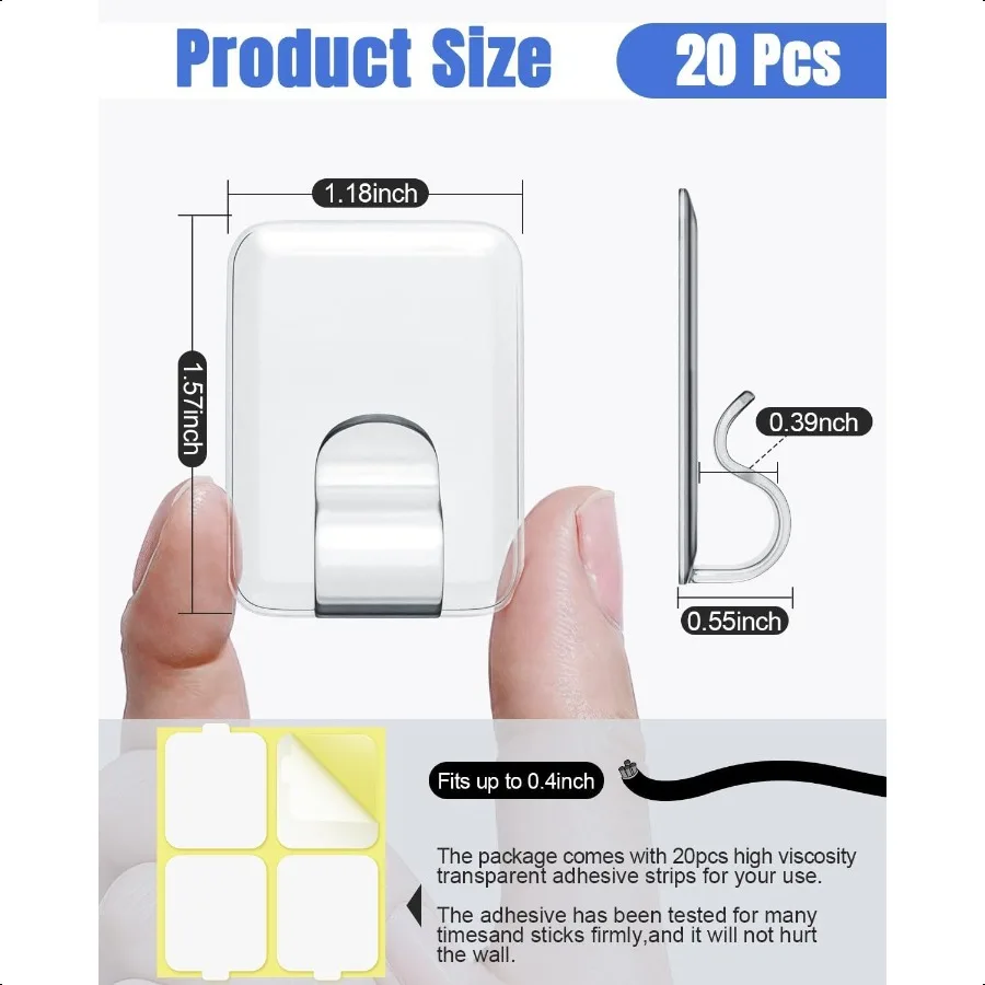 Ganci per clip per luci da esterno: confezione da 20 clip per luci da esterno rettangolari grandi e trasparenti Strisce adesive impermeabili resistenti