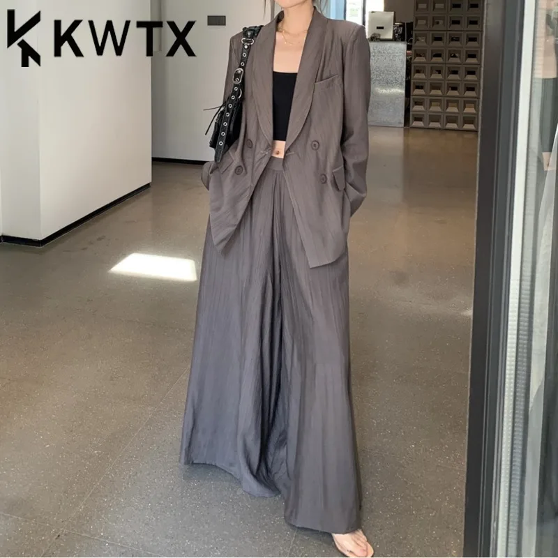 

KWTX 2025 S/S Women’s Elegant Luxury Two-Piece Set Lightweight Double Breasted Draped Pants Suit Minimalist Solid Color Outfit