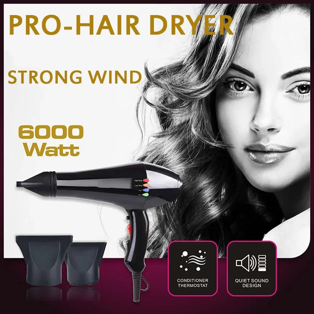 17000RPM Professional Hair Dryer Blowdryer High Speed Strong Wind 6 Gears Low Noise Lightweight Blower with 2 Nozzles