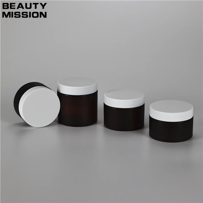 100g-200g x 20 Empty Cosmetic Frosted Amber Plastic Jars With Frosted White Screw Lid Makeup Facial Cream Pot Suncreen Container