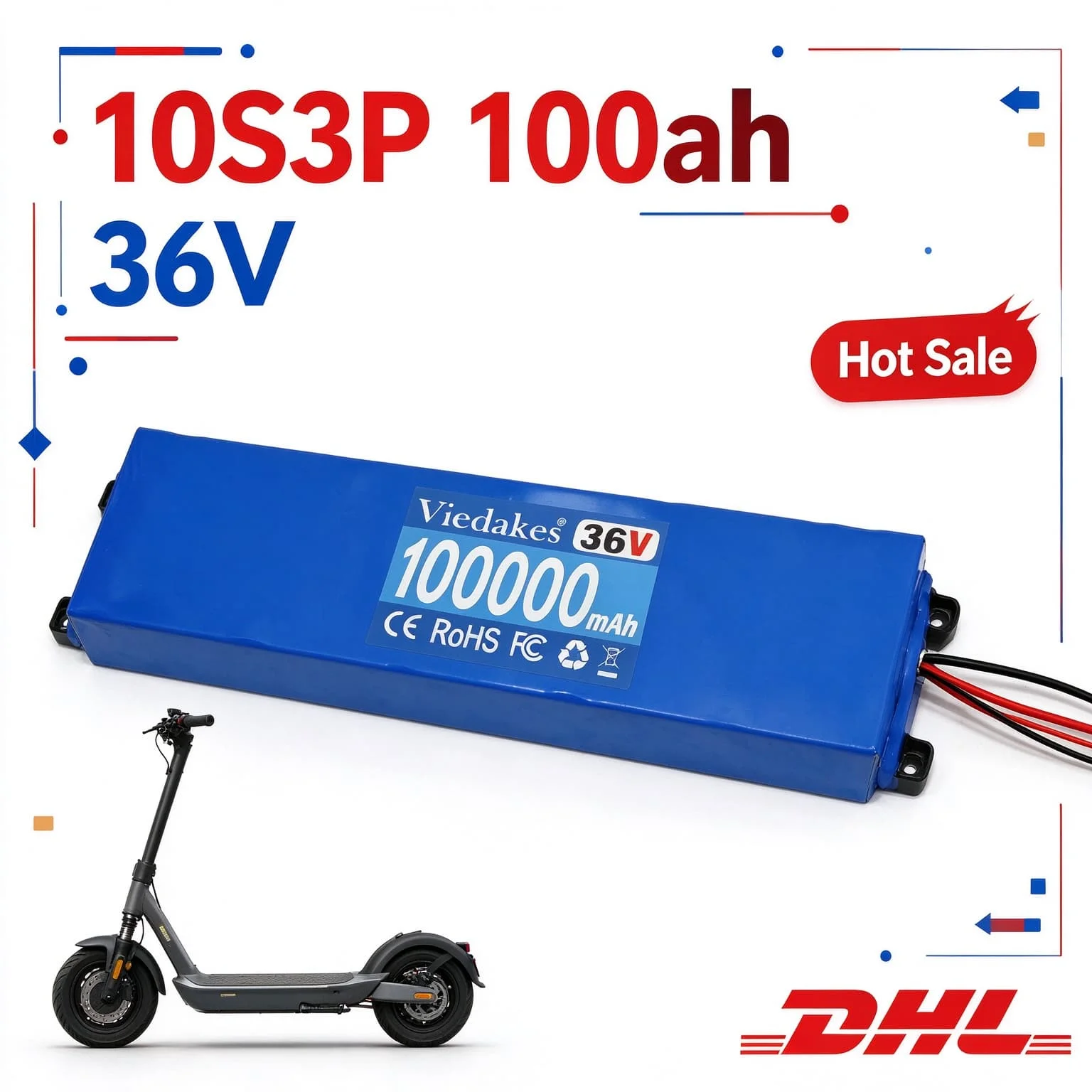E-Scooter Power Supply Viedakes 10S3P 36V 100000mAh Li-ion Battery,Support XT60 DC T+ Output With Safety BMS System
