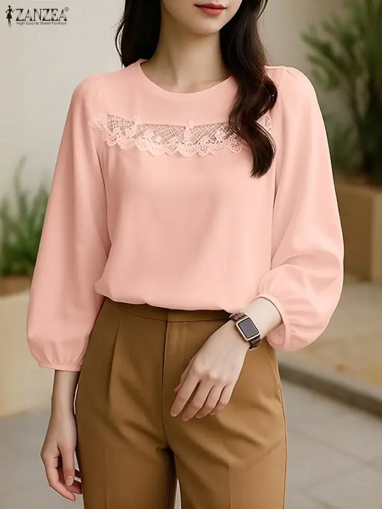 

2025 ZANZEA Women Elegant Long Sleeve OL Work Blouse Autumn Lace Crochet Shirt Female O Neck Blusas Tunic Stylish Patchwork Tops