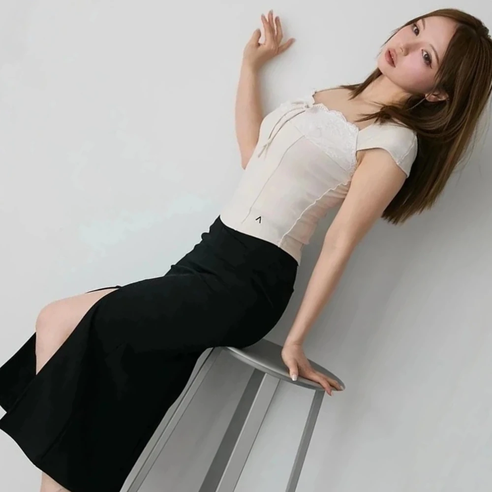 日本風レースパッチワークスリムフィット半袖Tシャツ＋ハーフスカートセット　おしゃれなツーピースセット　レディース夏服