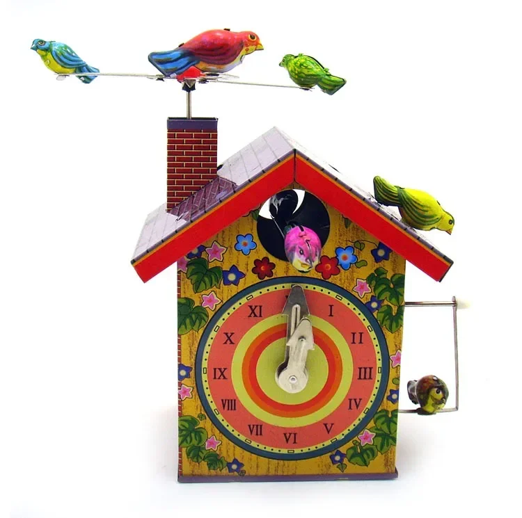 Adult Collection Retro Wind up toy Metal Tin rotating bird alarm clock bird house Clockwork toy model figures gift vintage toys