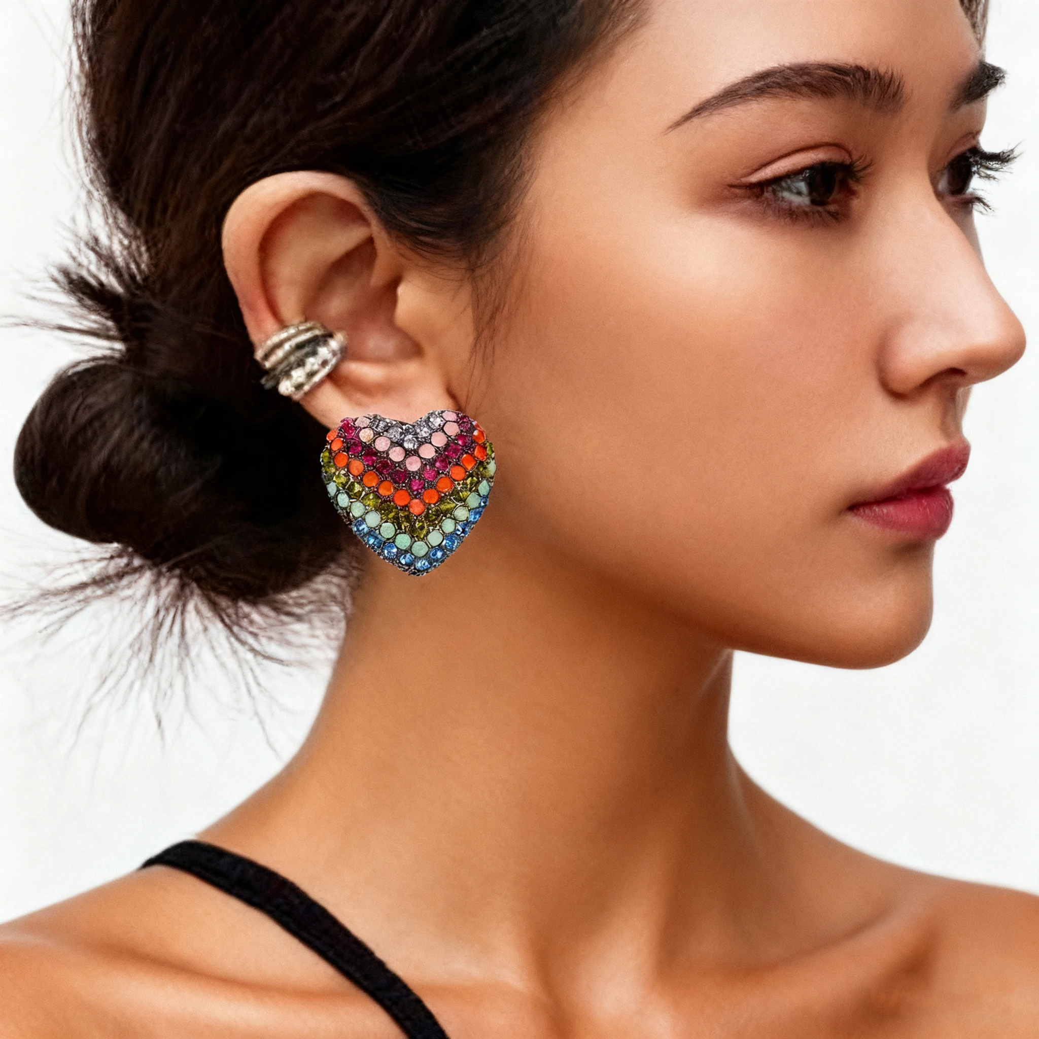 

Rhinestones Love Earrings for Women Big Heart Paved Multicolor Crystal Studs Cute Jewelry Gifts No Piercing