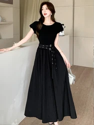 Elegant Black Simple A-Line Long Dress Women Mujer Casual Short Sleeve Belt Maxi Robe Femme Party Prom Vestidos Street Clothes