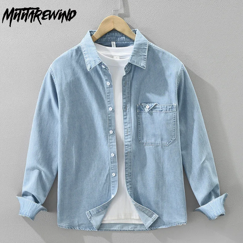 

Japanese Style Denim Shirt Men Long Sleeve Spring Fall New Mens Shirt Lapel Pocket 100%Cotton Jean Shirts Male Simple Cowboy Top