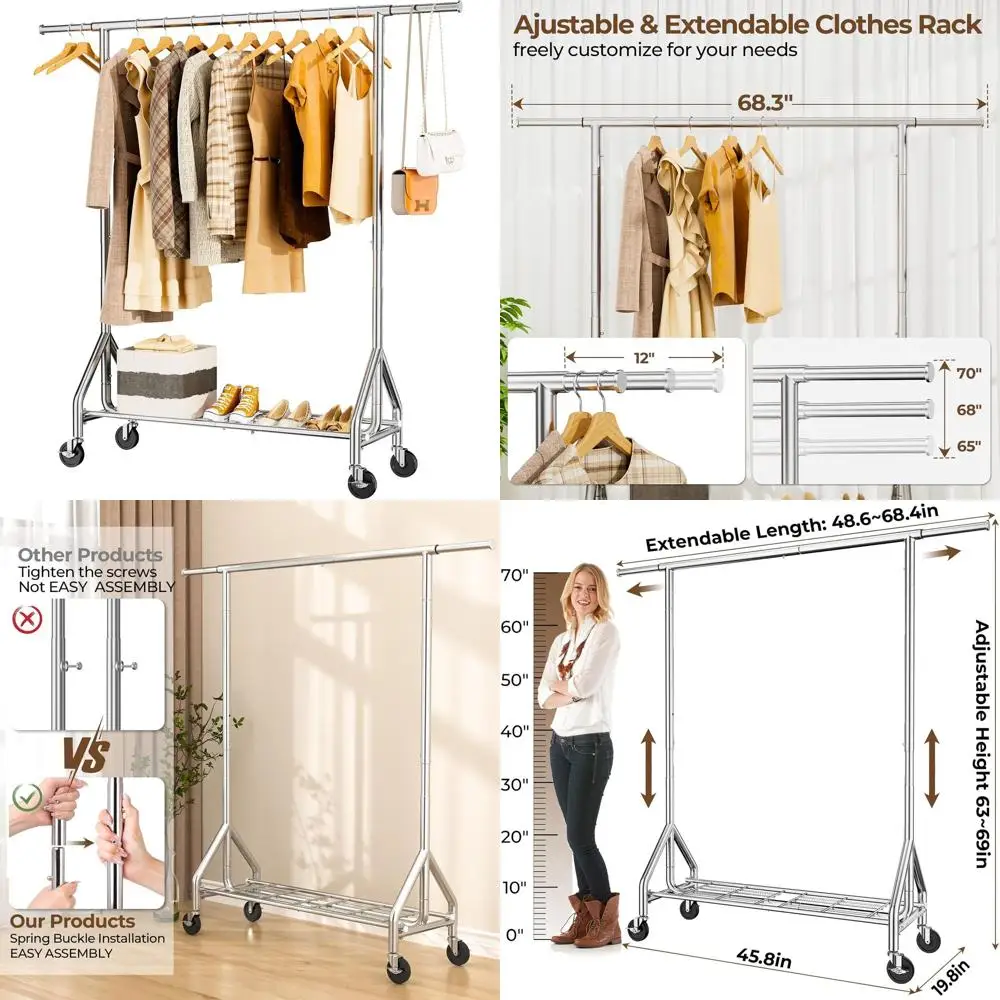 

Sturdy Metal Rolling Clothes Rack, 450 lbs Capacity, with Shelves and Wheels, Portable Silver Wardrobe Rack