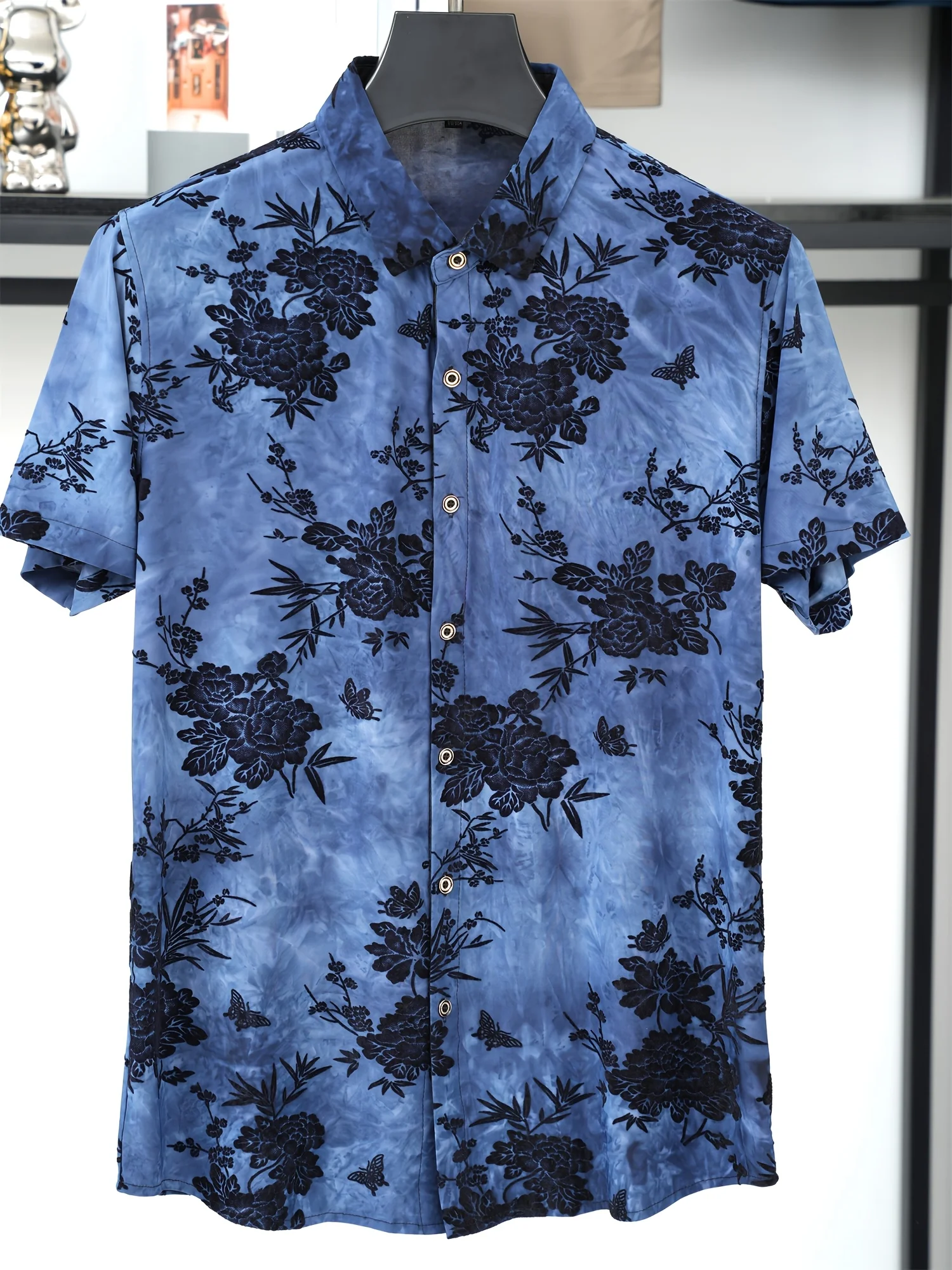 Men Short Sleeve Shirt Tie‑Dye Blue Black Floral Butterfly Print Turn‑Down Collar Hawaiian Casual Tops