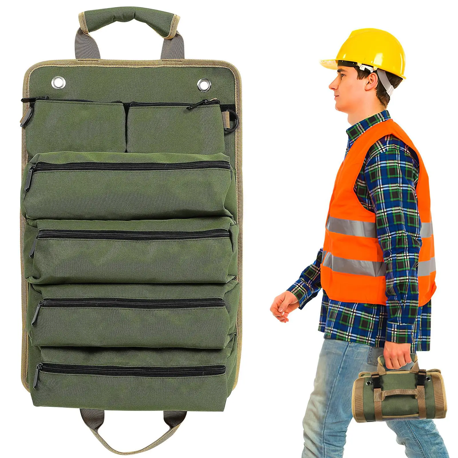 

Durable Tool Storage Bag Green Large Capacity Roll Up Hardware Electrician Woodworking Organizer Pouch Heavy