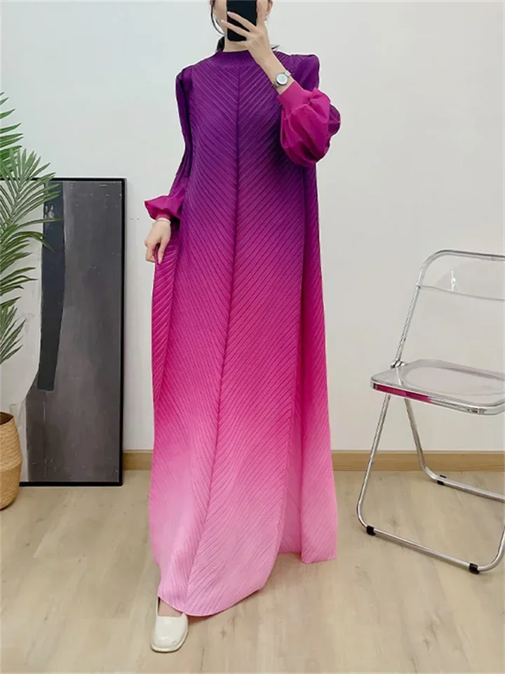

Pleated Prom Dress for Women Gradient Long Sleeves Maxi Pleated Print Dresses Spring New Female Fashion Clothing
