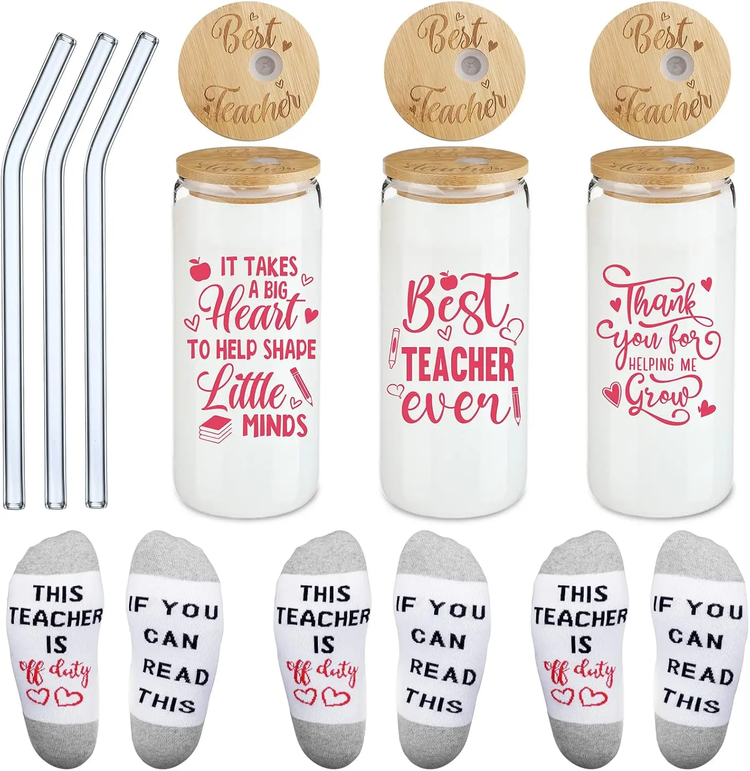 

6 Pcs Teacher Appreciation Gifts Set Include Teacher Glass Cup with Lid and Glass Straw Teacher Tumbler Teacher Appreciate Socks