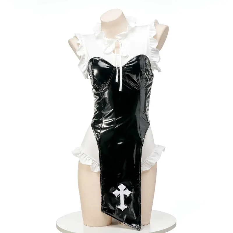 Anime Women Girl Cosplay Sexy Nun PU Patent Leather High Split Dress White Ruffle Bodysuit Jumpsuit Halloween Costume