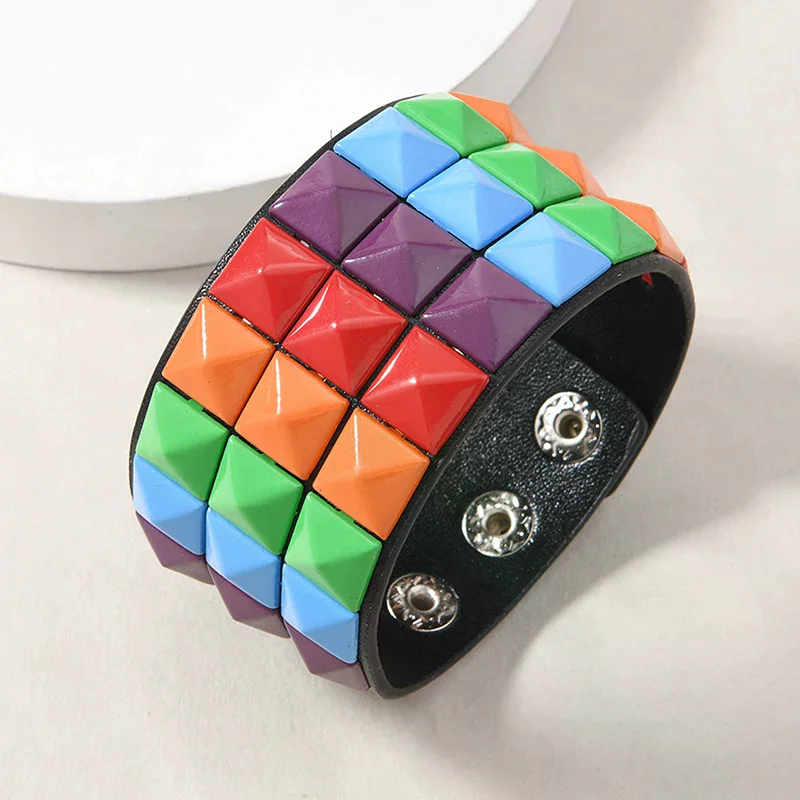 18 Color Punk Hip-Hop Three Rows Of Square Rivets PU Leather Big Wide Bracelet For Male Female Buckle Wristband Vintage Jewelry