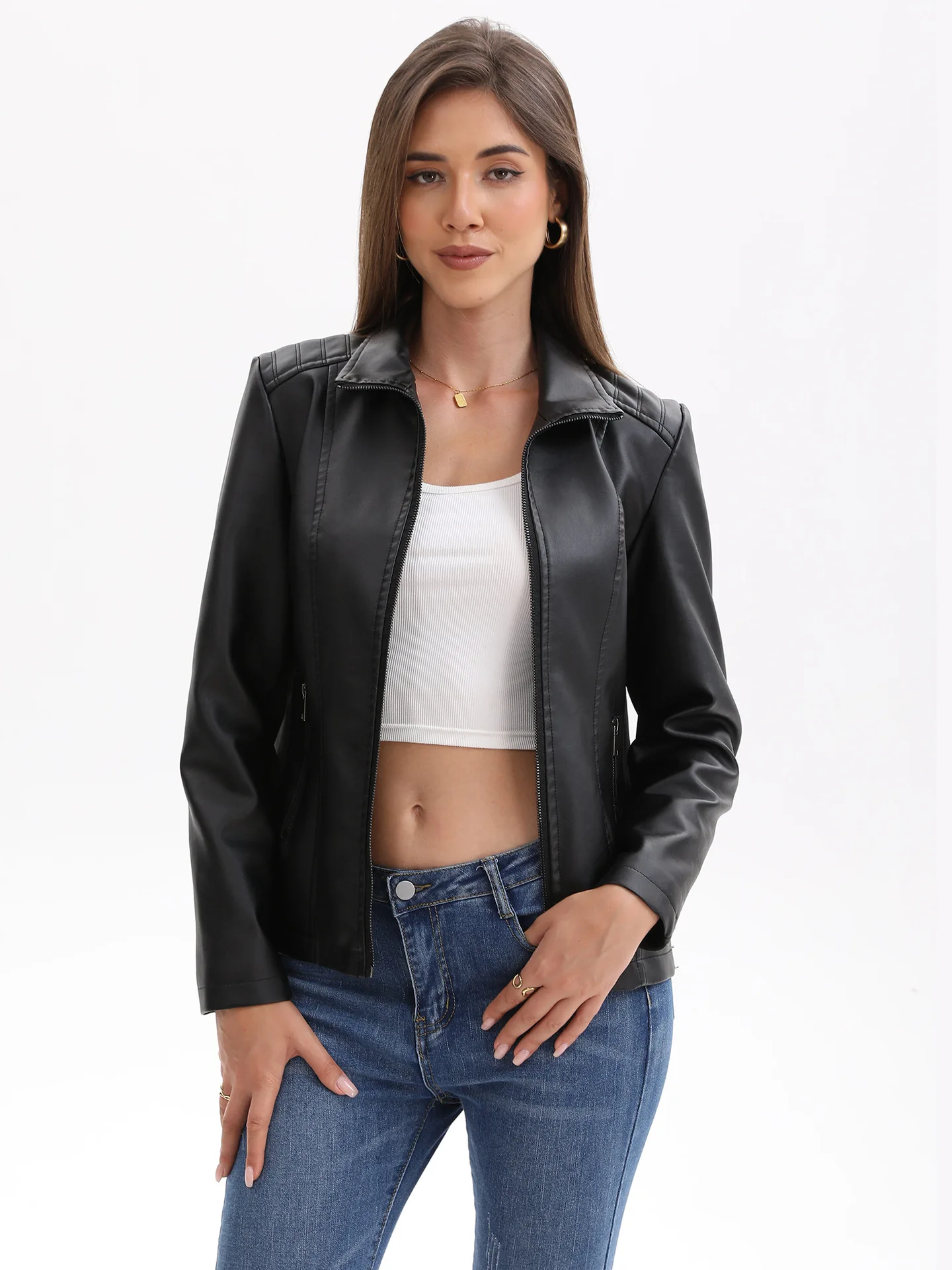 Fashion Women's Short Leather Jacket 2025 Knitted Patchwork Stretch Coat European Size New Arrival