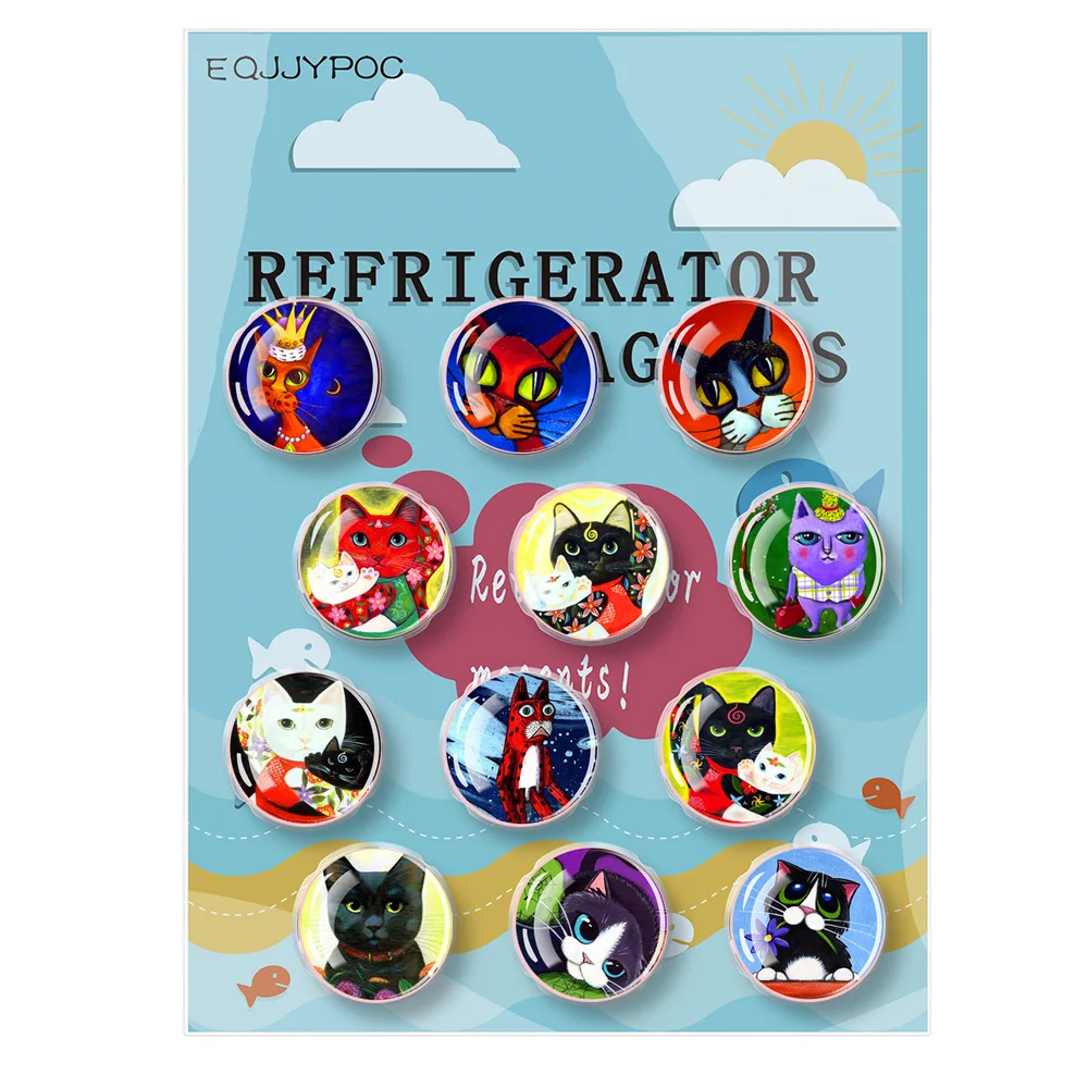 

Kitchen and Restaurant Refrigerator Magnet Magnet Memo Adsorption Cartoon Cat Decoration Circular 30mm 12Pcs