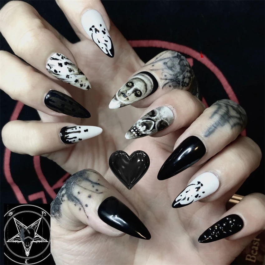 24 pz/set Halloween Press on Nails Set Nero French Nail Copertura Completa Bara Acrilico Unghie Finte Breve Stampa su Punte False Del Chiodo