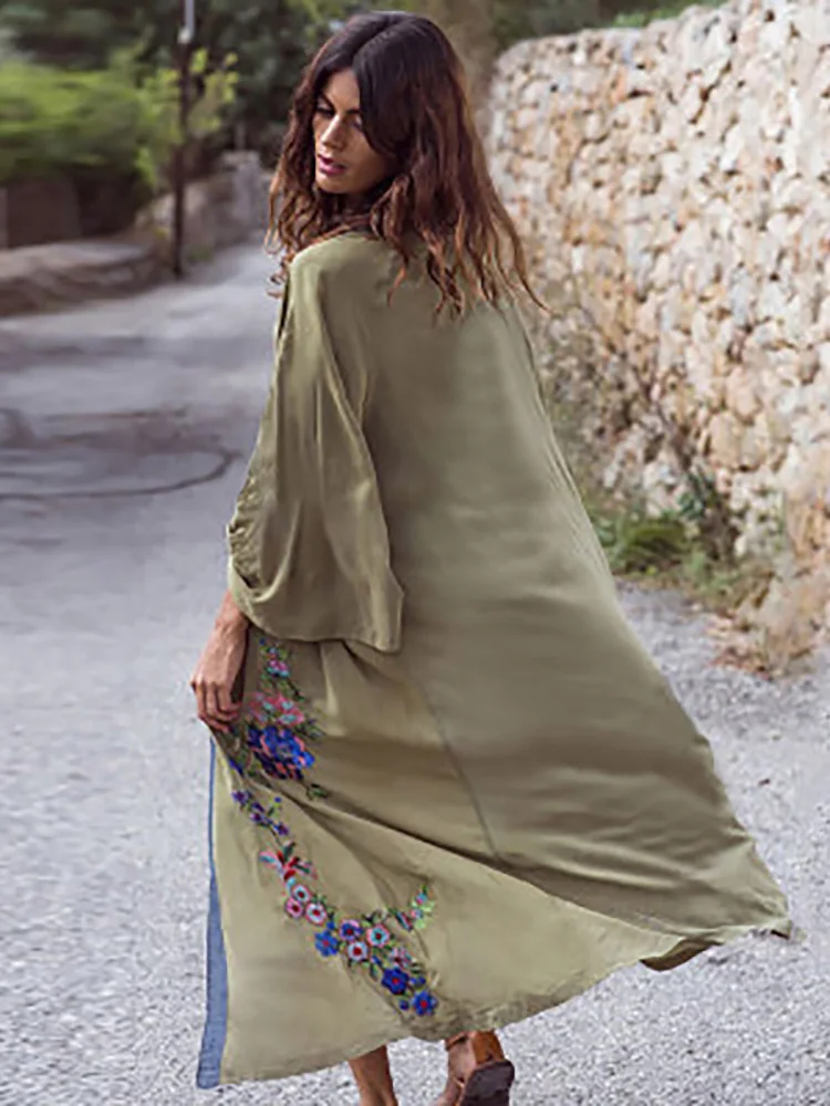 Cotton Denim Border Embroidered Medium To Long Beach Jacket Bikini Tops Swimsuit Cover Sun Protection Cardigan