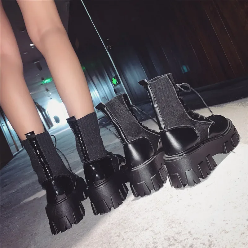 Ankle Boots Patent Leather Boots for Women Lace Up Platform Boots Women Autumn Winter Keep Warm Non-slip Short Booties Ladies