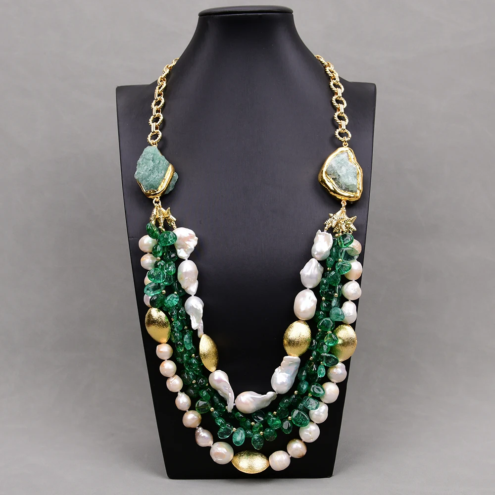 

G-G 4 Rows Freshwater Cultured White Keshi Pearl Green Quartz Rough Crystal Long Chain Necklace 28" Lady Jewelry Gifts