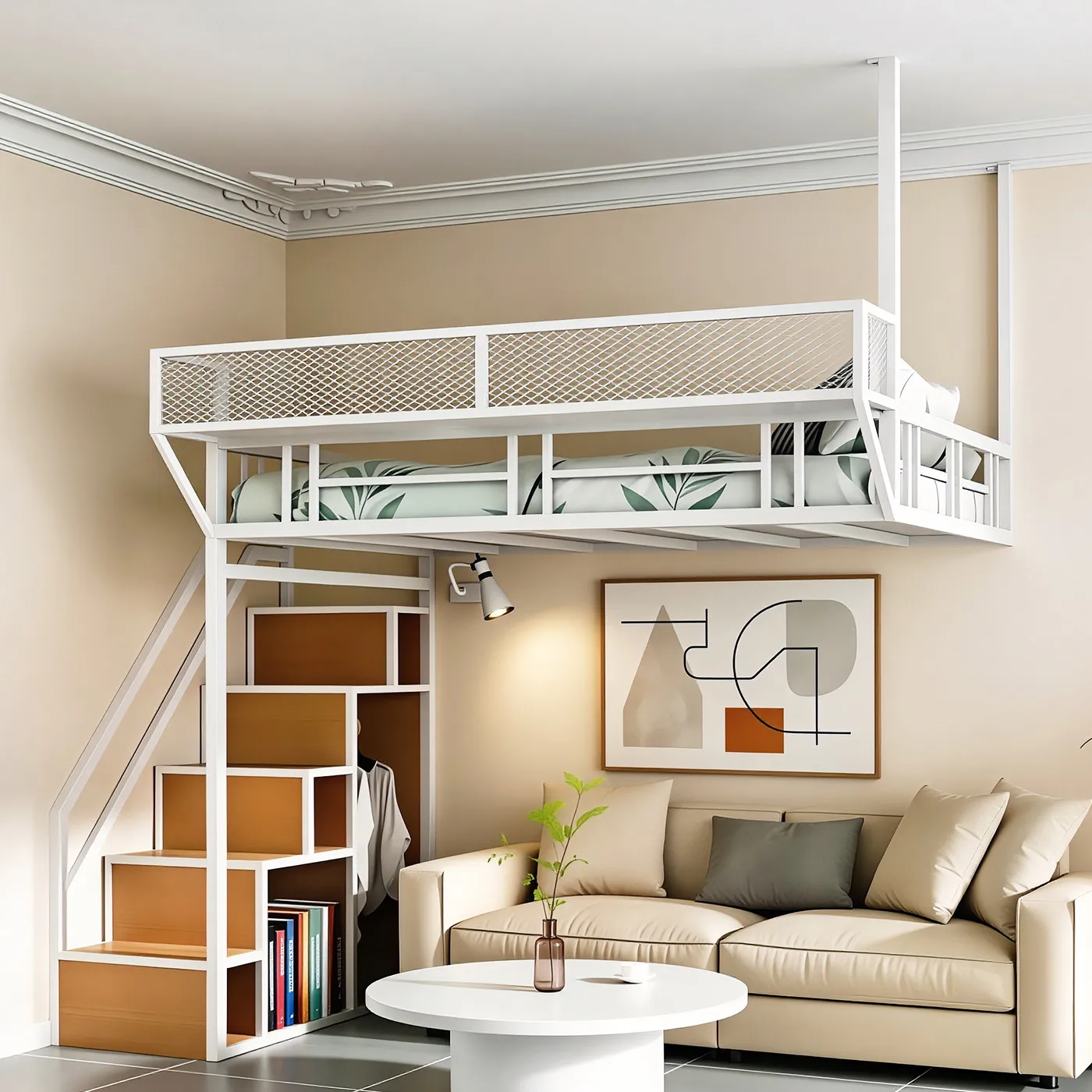 Small apartment suspended bed wrought iron  and table combination multi-functional  loft custom elevated bed sheet bed