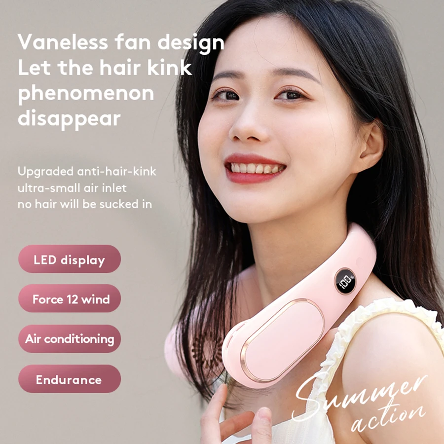 

New Portable Air Conditioner Without Blade Neck Fan LED Intelligent Digital Screen Suitable For Travel And Sports Use