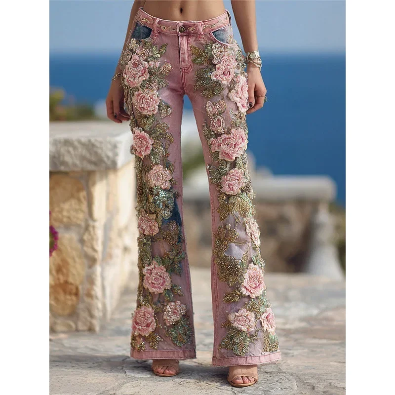 Pantalones acampanados de mezclilla adelgazantes para mujer, estampado Digital, cintura alta, pierna larga, tela de poliéster, estilo dulce fresco, moda 2025