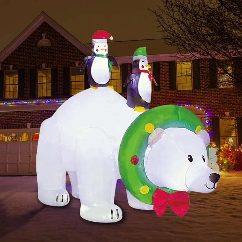 Christmas Inflatable Penguin Ride with Christmas Wreath Polar Bear Glowing Air Model Garden Lawn Ornament Decoratio