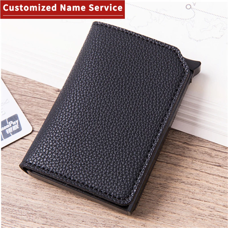 

Bycobecy Customized Name Wallet Credit Card Holder RFID Blocking Men Leather Wallet Magnetic Closure Pop Up Cards Holder Wallet